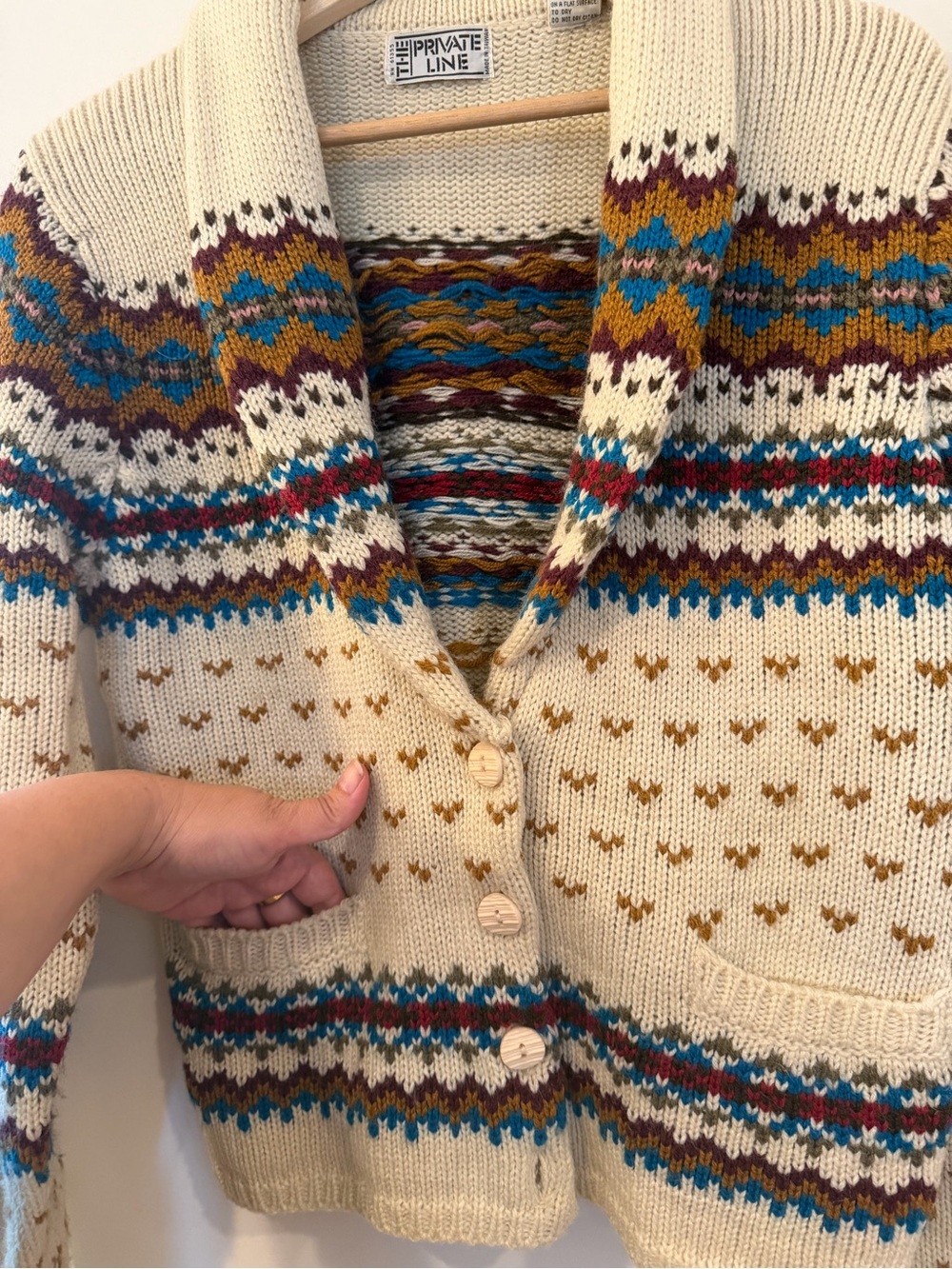 Cream Shawl Collar Fair Isle Cardigan Sweater - Picture 4 of 5